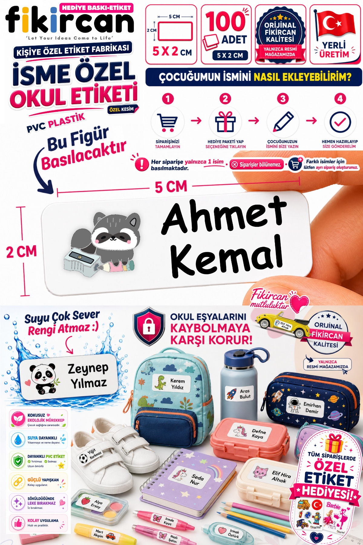İsme Özel Okul Etiketi - 100 Adet - 5 x 2 cm - PVC Etiket - FİGÜR 81