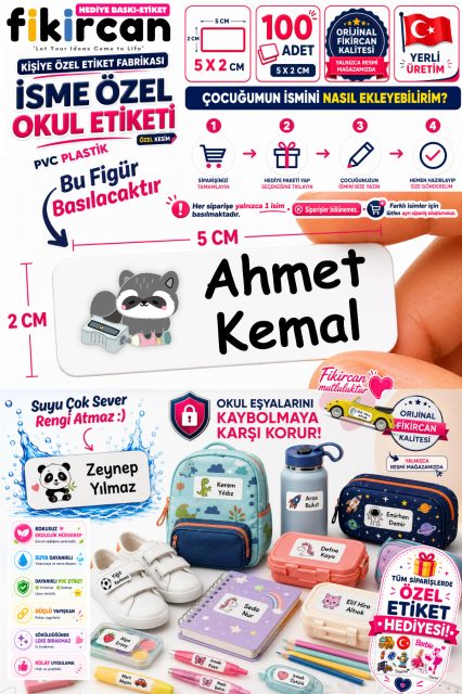 İsme Özel Okul Etiketi - 100 Adet - 5 x 2 cm - PVC Etiket - FİGÜR 81
