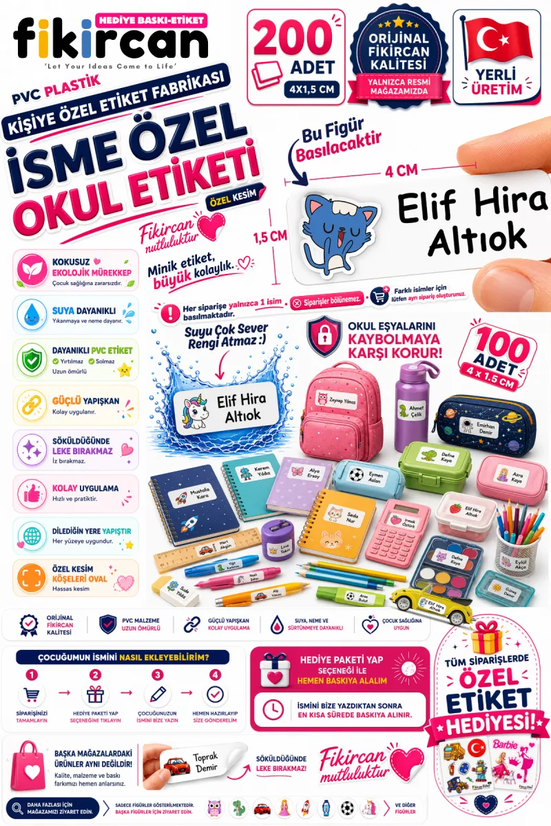 İsme Özel Okul Etiketi - 200 Adet - 1,5 x 4 cm - PVC Etiket - - FİGÜR 39 — fotoğraf 1