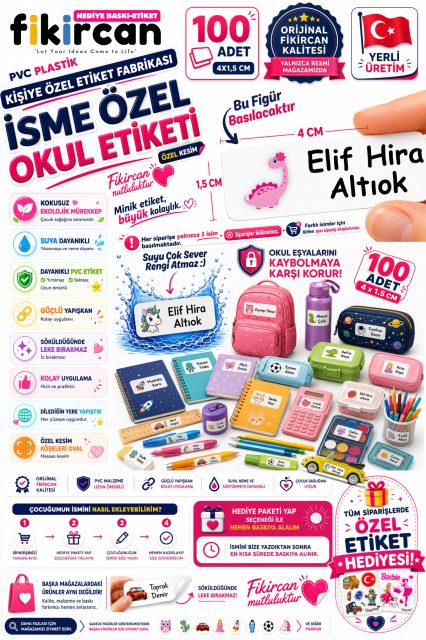 İsme Özel Okul Etiketi - 100 Adet - 1.5 x 4 cm - PVC Etiket - FİGÜR 71