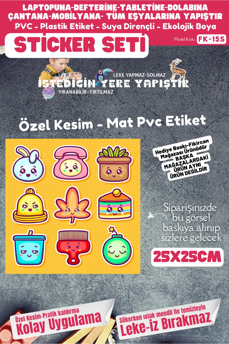 Fikircan Etiket Seti 25x25cm Pvc Sticker -Defter-Laptop-Tablet-Telefon-Dolap-Cam vb Her yere Yapışır — fotoğraf 1