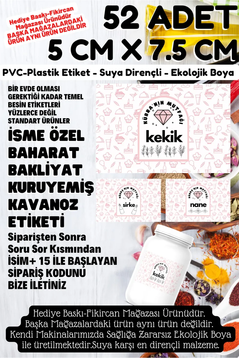 Isme Özel Baharat Bakliyat Kuruyemiş Kavanoz Etiket Seti -52 Çeşit- 5 X 7,5 Cm Büyük Boy — fotoğraf 1