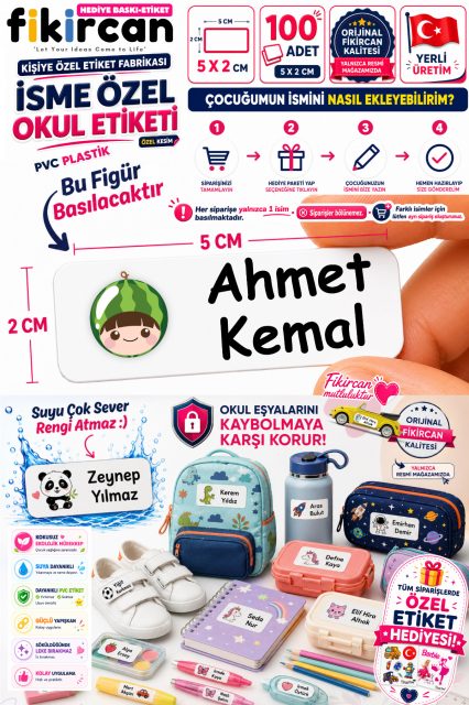 İsme Özel Okul Etiketi - 100 Adet - 5 x 2cm - PVC Etiket - FİGÜR 107