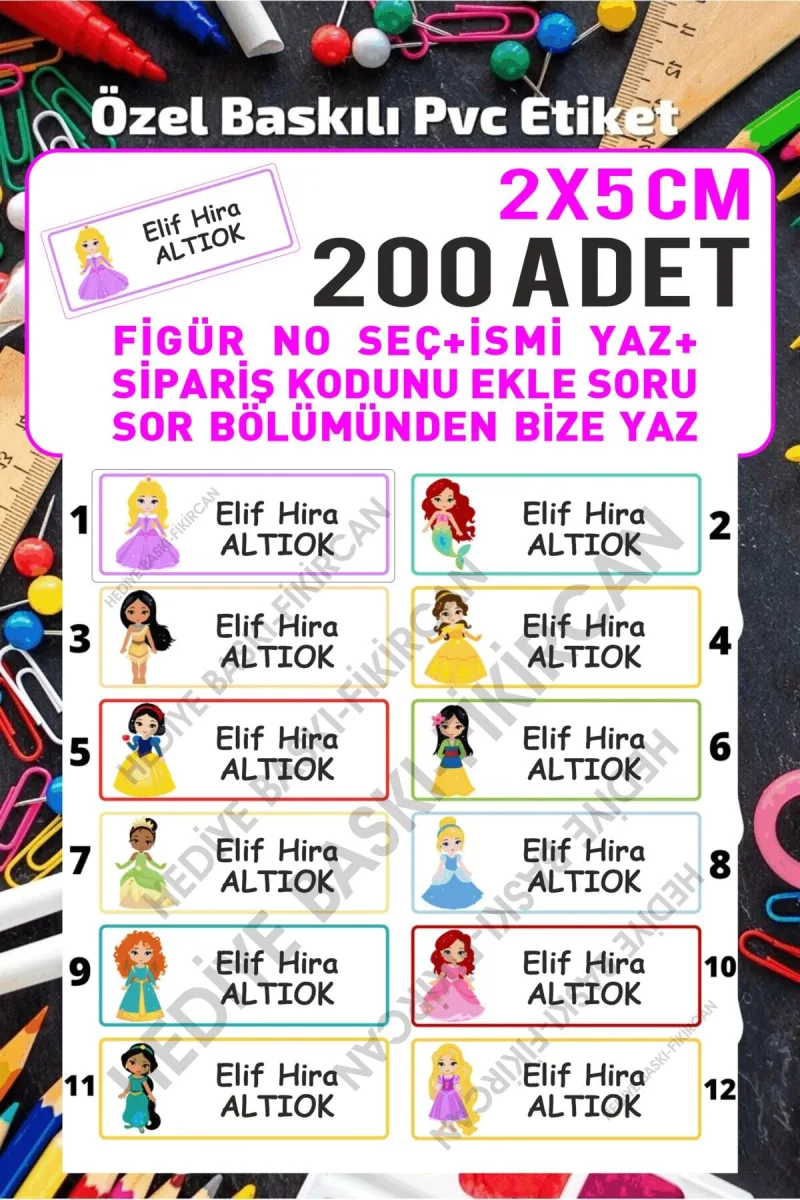 - Isme Özel Okul Etiket Seti - 200 Adet-2x5 Cm Kokusuz Ekolojik Mürekkep Pvc Etiket Kızlar — fotoğraf 1