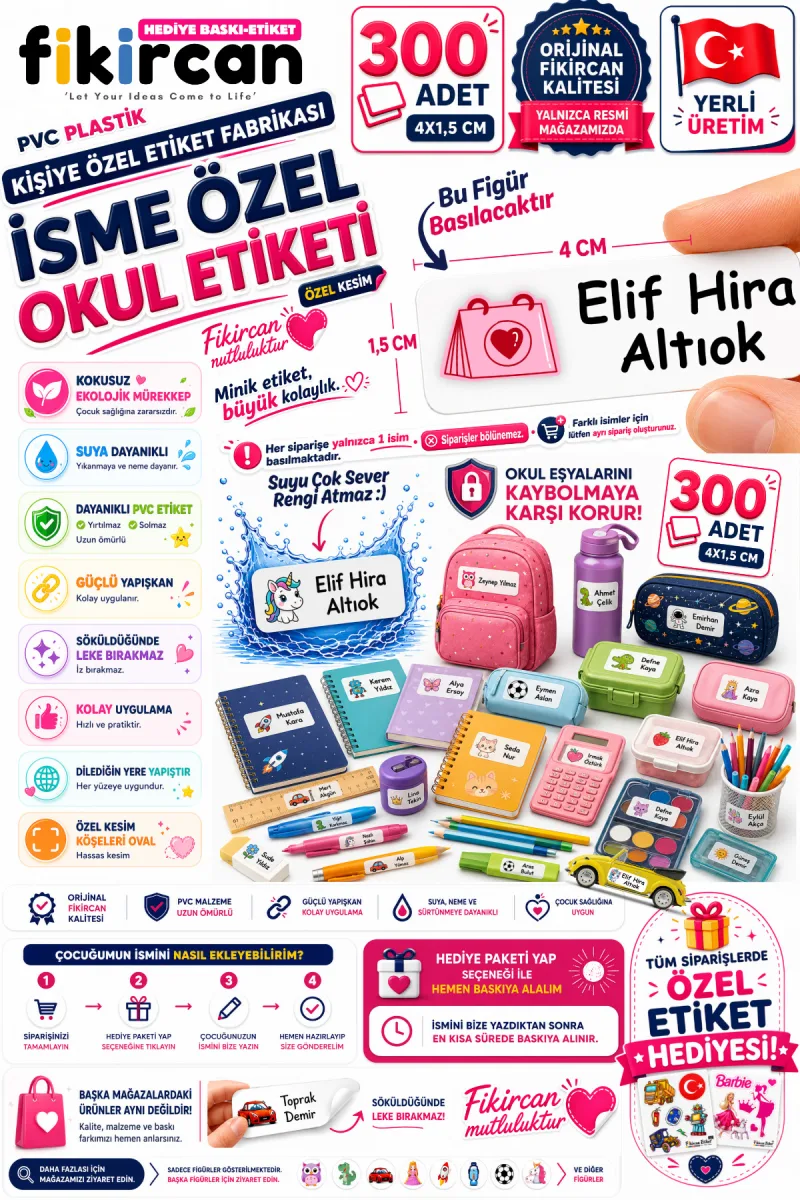 İsme Özel Okul Etiketi - 300 Adet - 1.5 x 4 cm - PVC Etiket - FİGÜR 83