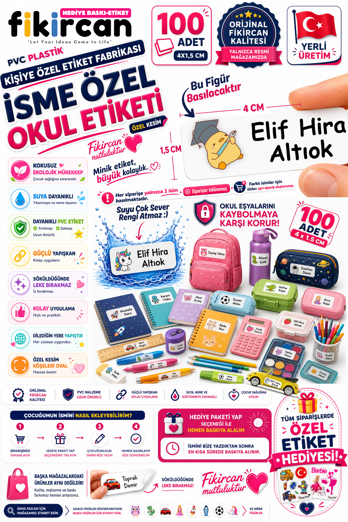 İsme Özel Okul Etiketi - 100 Adet - 1.5 x 4 cm - PVC Etiket - FİGÜR 50