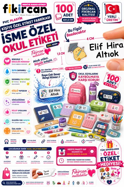 İsme Özel Okul Etiketi - 100 Adet - 1.5 x 4 cm - PVC Etiket - FİGÜR 50
