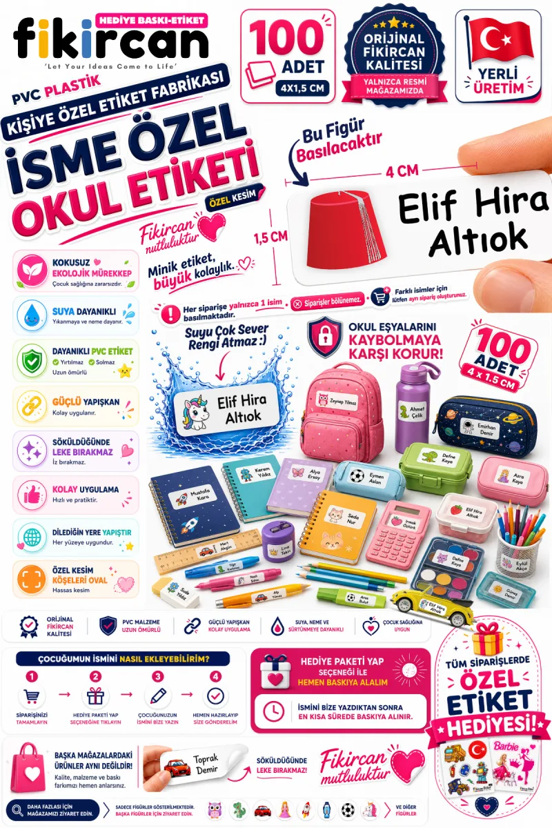 İsme Özel Okul Etiketi - 100 Adet - 1.5 x 4 cm - PVC Etiket - FİGÜR 135 — fotoğraf 1