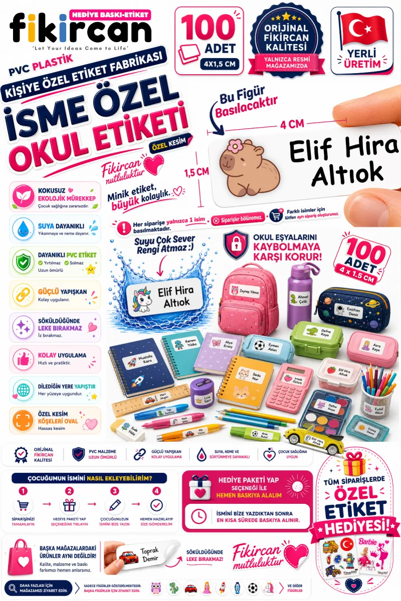İsme Özel Okul Etiketi - 100 Adet - 1.5 x 4 cm - PVC Etiket - FİGÜR 90 — fotoğraf 1