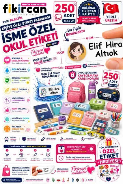 İsme Özel Okul Etiketi - 250 Adet - 1.5 x 4 cm - PVC Etiket - FİGÜR 96