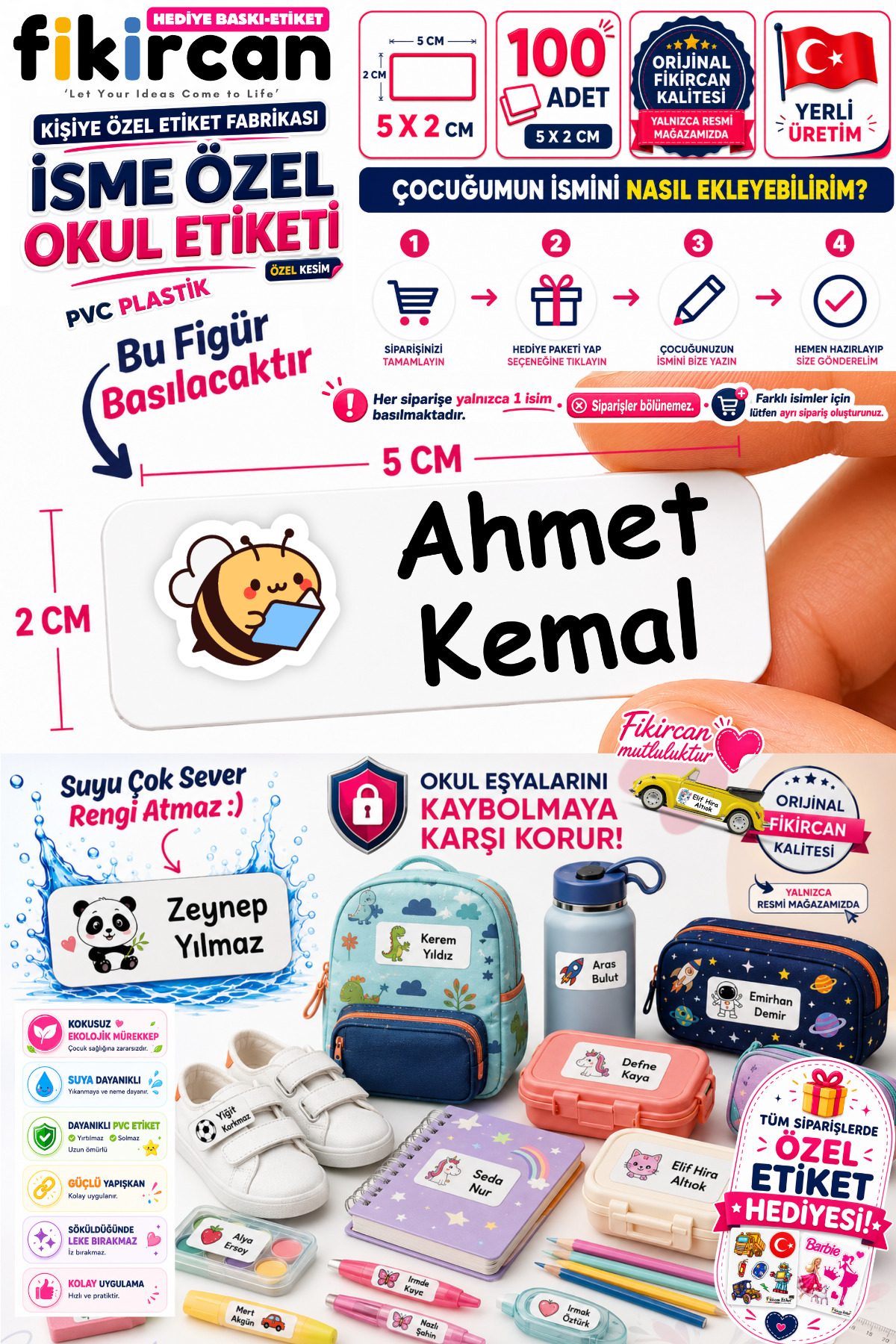 İsme Özel Okul Etiketi - 100 Adet - 5 x 2cm - PVC Etiket - FİGÜR 97