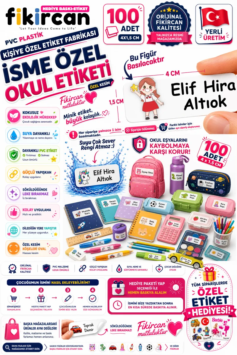 İsme Özel Okul Etiketi - 100 Adet - 1.5 x 4 cm - PVC Etiket - FİGÜR 17 — fotoğraf 1