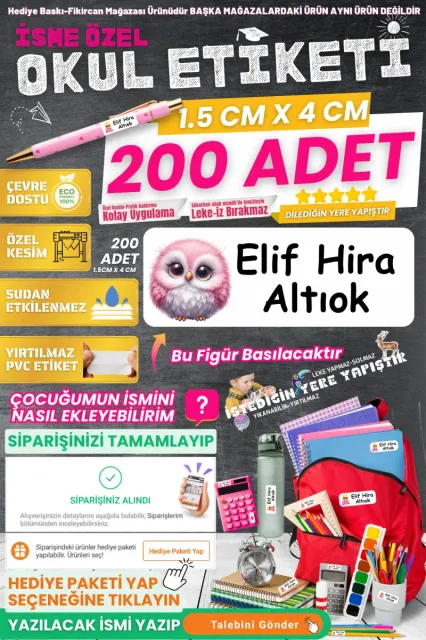 Fikircan-İsme Özel Okul Etiketi-MİNİK BAYKUŞ 200 Adet - Kokusuz Ekolojik Mürekkep PVC ETİKET