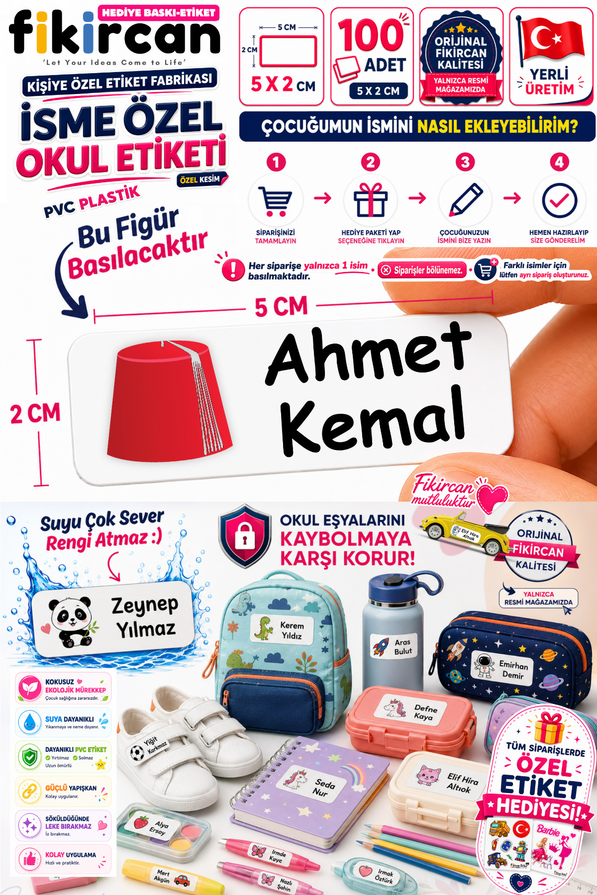 İsme Özel Okul Etiketi - 100 Adet - 5 x 2 cm - PVC Etiket - FİGÜR 135