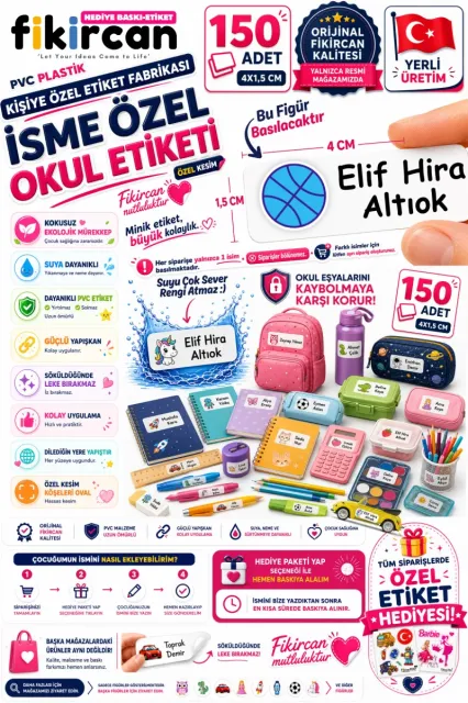 İsme Özel Okul Etiketi - 150 Adet - 1.5 x 4 cm - PVC Etiket - FİGÜR 82