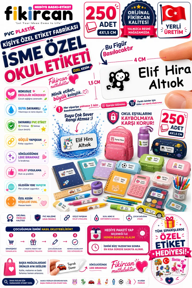 İsme Özel Okul Etiketi - 250 Adet - 1.5 x 4 cm - PVC Etiket - FİGÜR 16