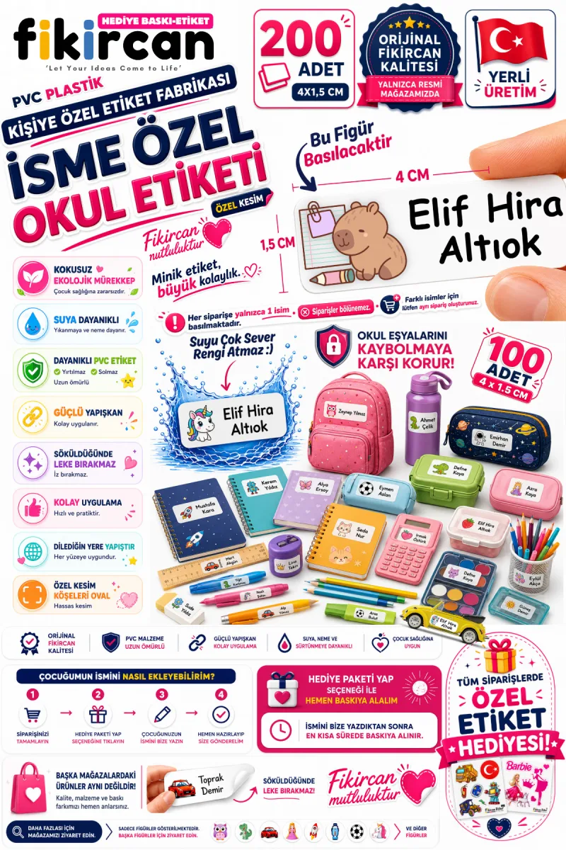 İsme Özel Okul Etiketi - 200 Adet - 1,5 x 4 cm - PVC Etiket - - FİGÜR 57 — fotoğraf 1