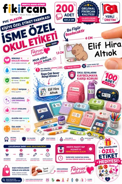 İsme Özel Okul Etiketi - 200 Adet - 1,5 x 4 cm - PVC Etiket - - FİGÜR 57