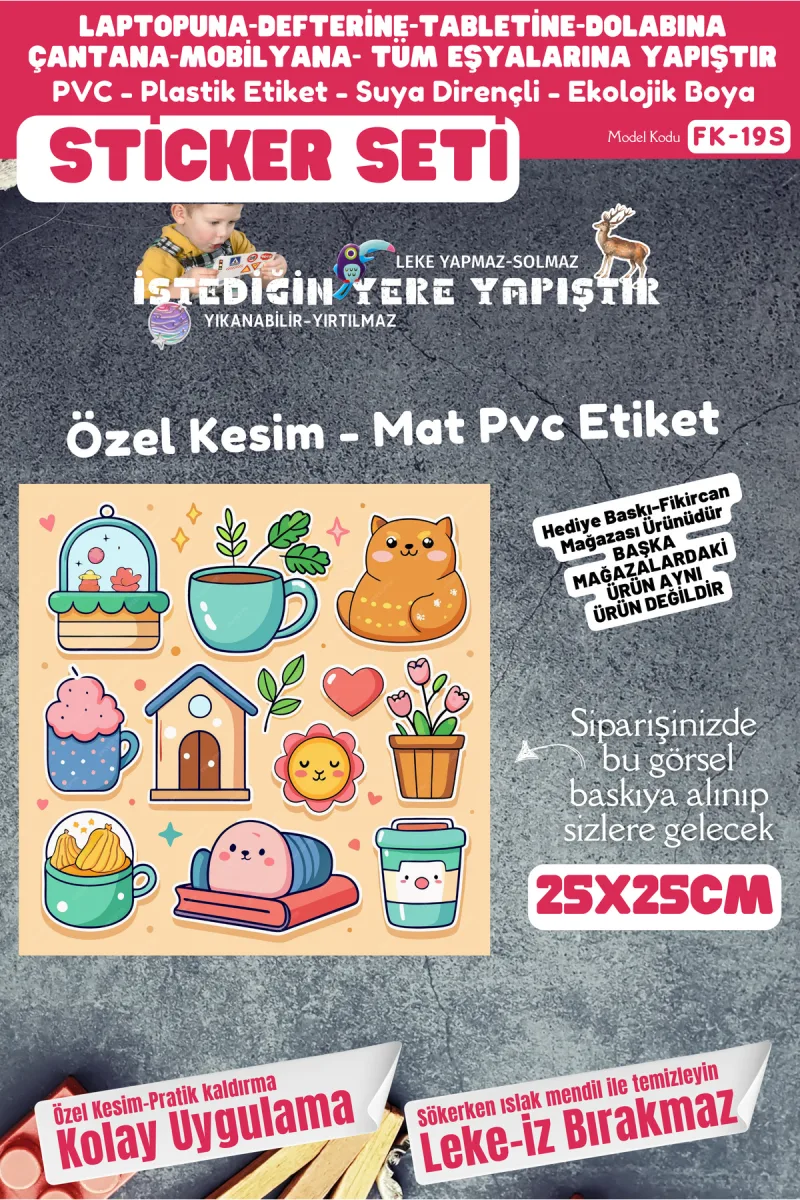 Fikircan Etiket Seti 25x25cm Pvc Sticker -Defter-Laptop-Tablet-Telefon-Dolap-Cam vb Her yere Yapışır — fotoğraf 1