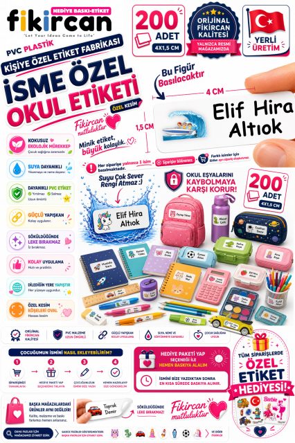 İsme Özel Okul Etiketi - 200 Adet - 1.5 x 4 cm - PVC Etiket - FİGÜR 23 1453260718263