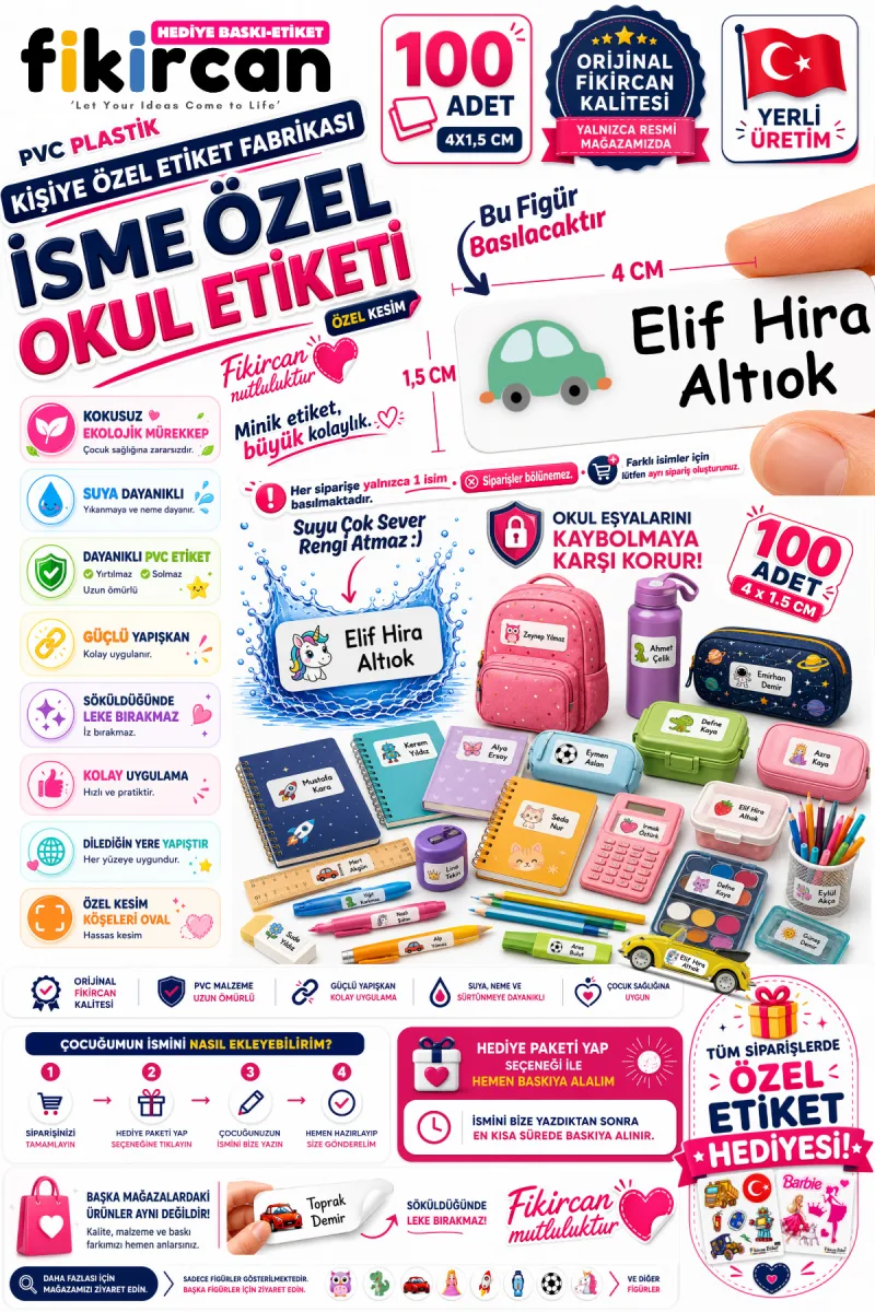 İsme Özel Okul Etiketi - 100 Adet - 1.5 x 4 cm - PVC Etiket - FİGÜR 80 — fotoğraf 1