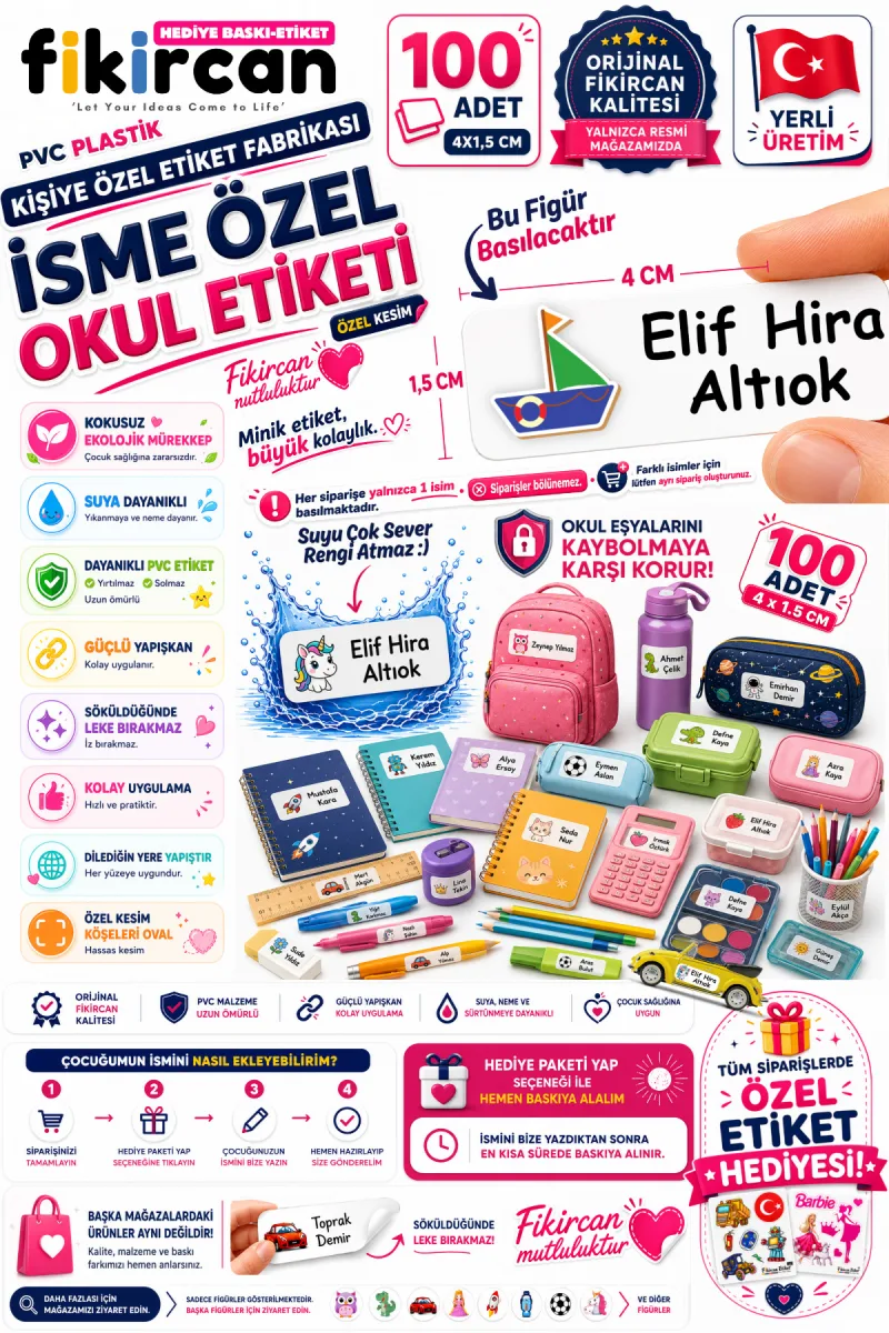 İsme Özel Okul Etiketi - 100 Adet - 1.5 x 4 cm - PVC Etiket - FİGÜR 125 1453260717014