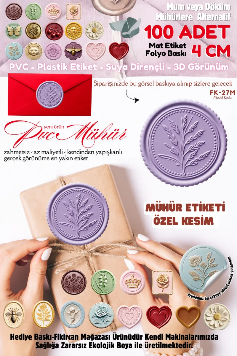 MÜHÜR ETİKETİ 100 Adet Kokusuz Ekolojik Mürekkep PVC ETİKET 4 CM MUM VE DÖKÜM ALTERNATİF — fotoğraf 1