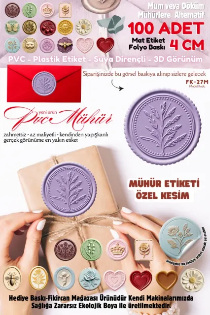 MÜHÜR ETİKETİ 100 Adet Kokusuz Ekolojik Mürekkep PVC ETİKET 4 CM MUM VE DÖKÜM ALTERNATİF