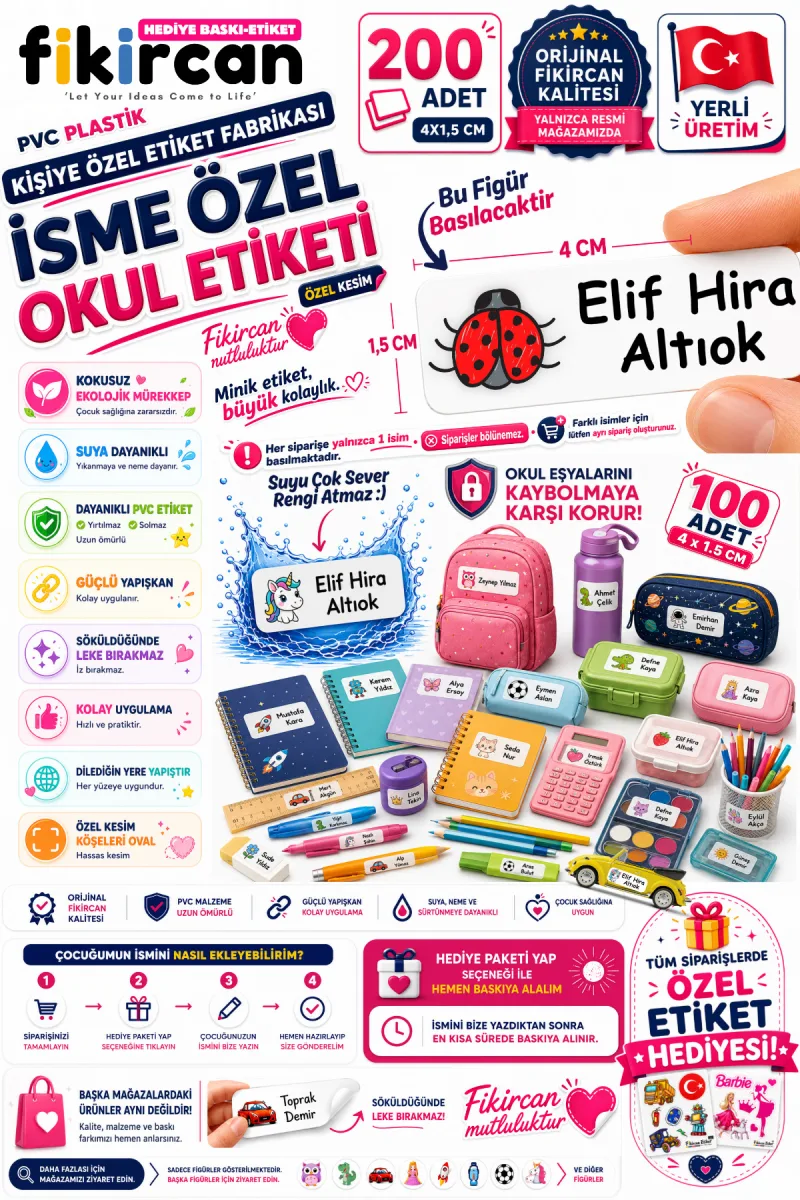 İsme Özel Okul Etiketi - 200 Adet - 1,5 x 4 cm - PVC Etiket - - FİGÜR 18 — fotoğraf 1