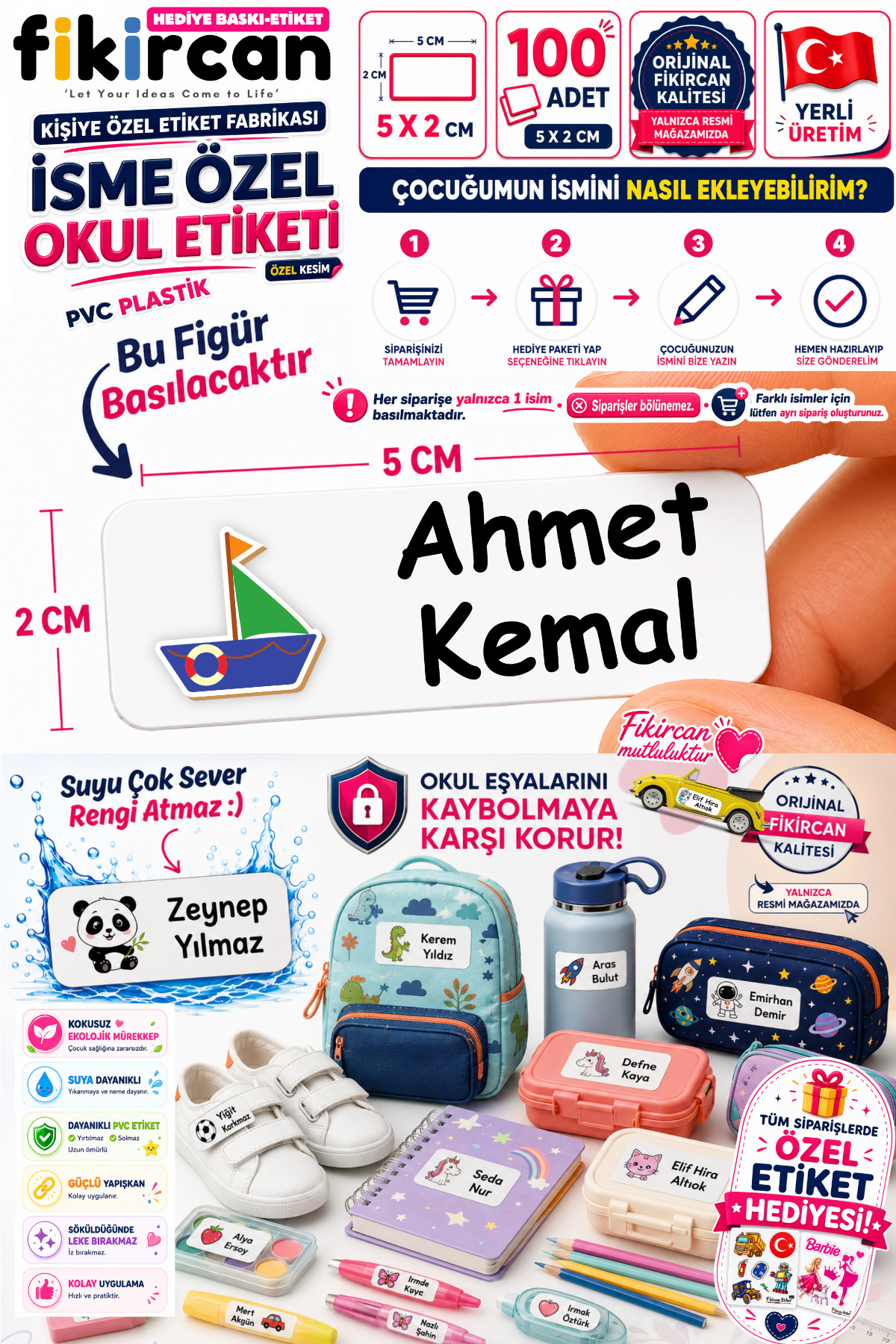 Isme Ozel Okul Etiketi - 100 Adet - 5 x 2 cm - PVC Etiket - FİGÜR 125