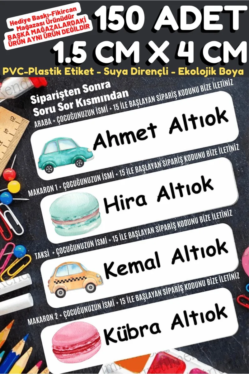 -isme Özel Okul Etiket Seti Makaron Ve Arabalar - 150 Adet -mürekkep Pvc Etiket — fotoğraf 1