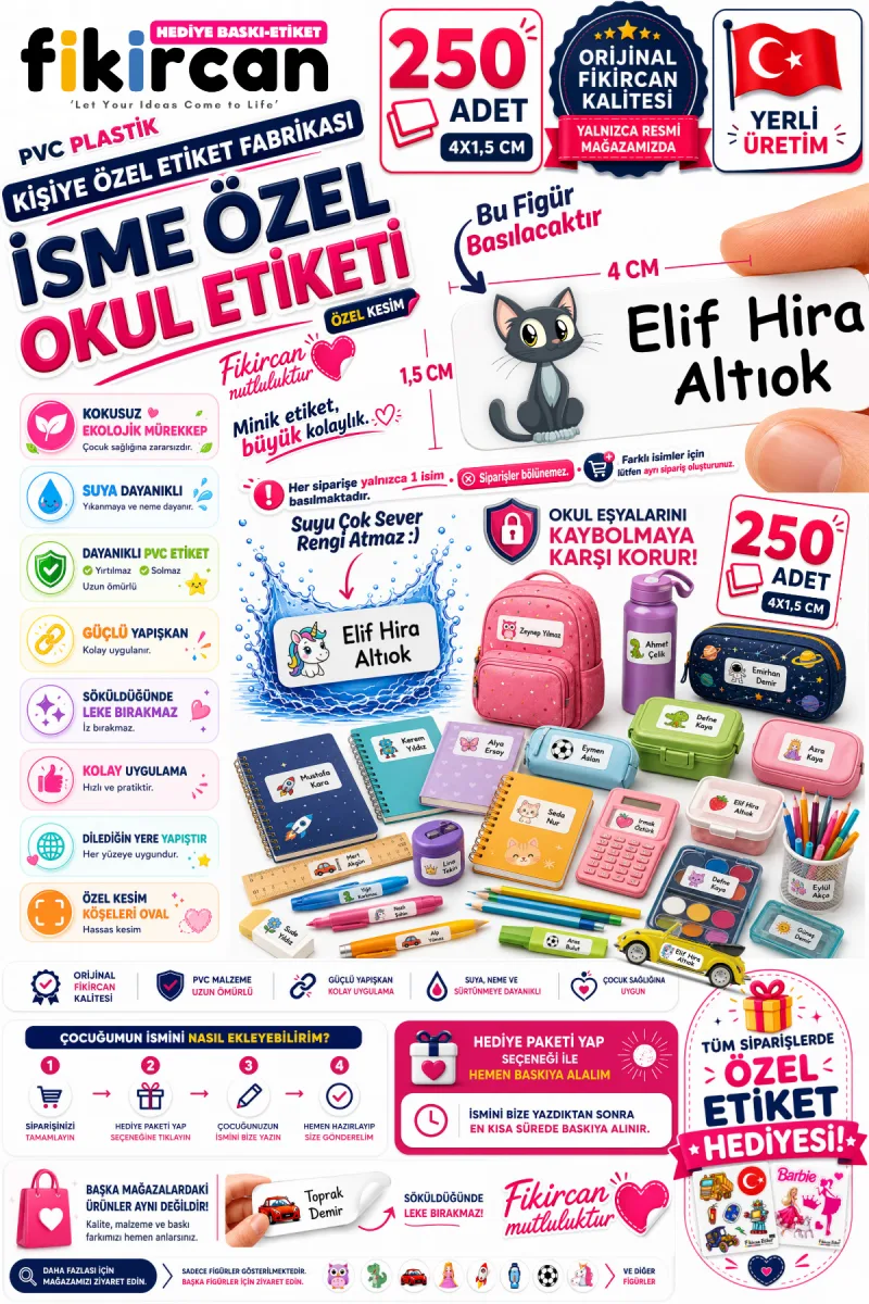 İsme Özel Okul Etiketi - 250 Adet - 1.5 x 4 cm - PVC Etiket - FİGÜR 84