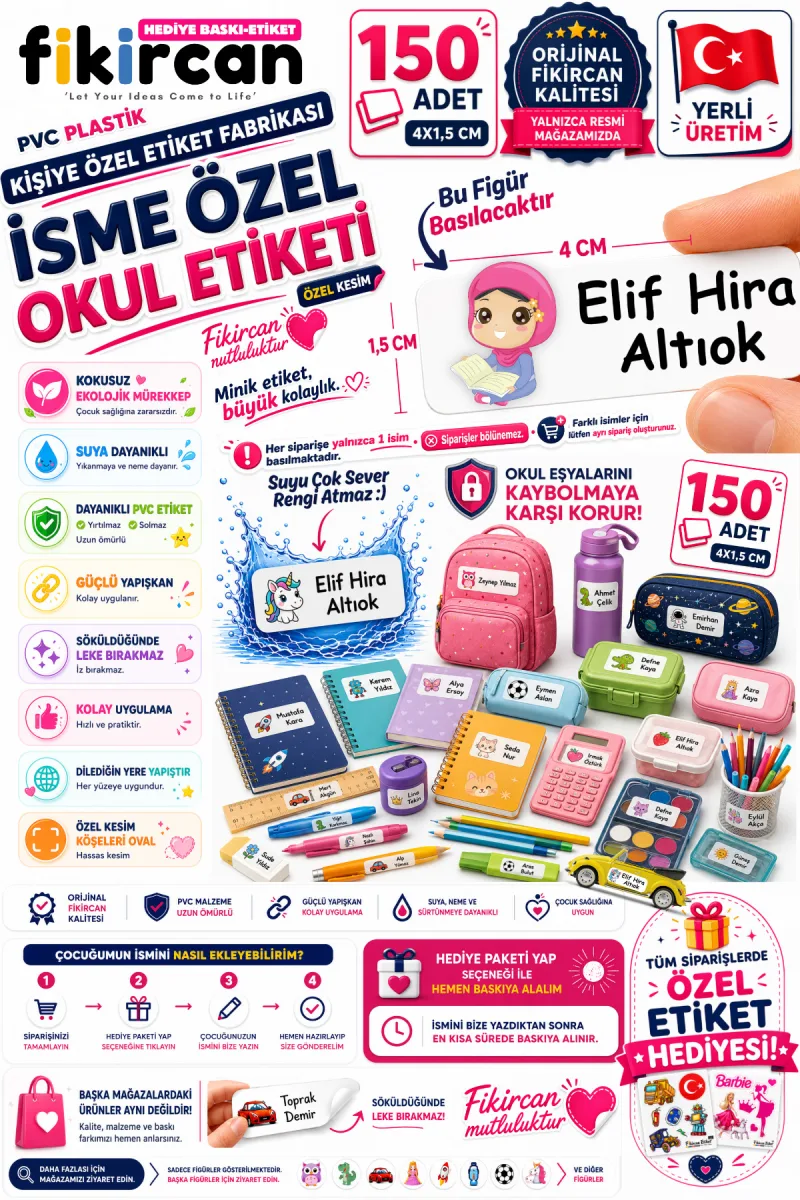 İsme Özel Okul Etiketi - 150 Adet - 1.5 x 4 cm - PVC Etiket - FİGÜR 138