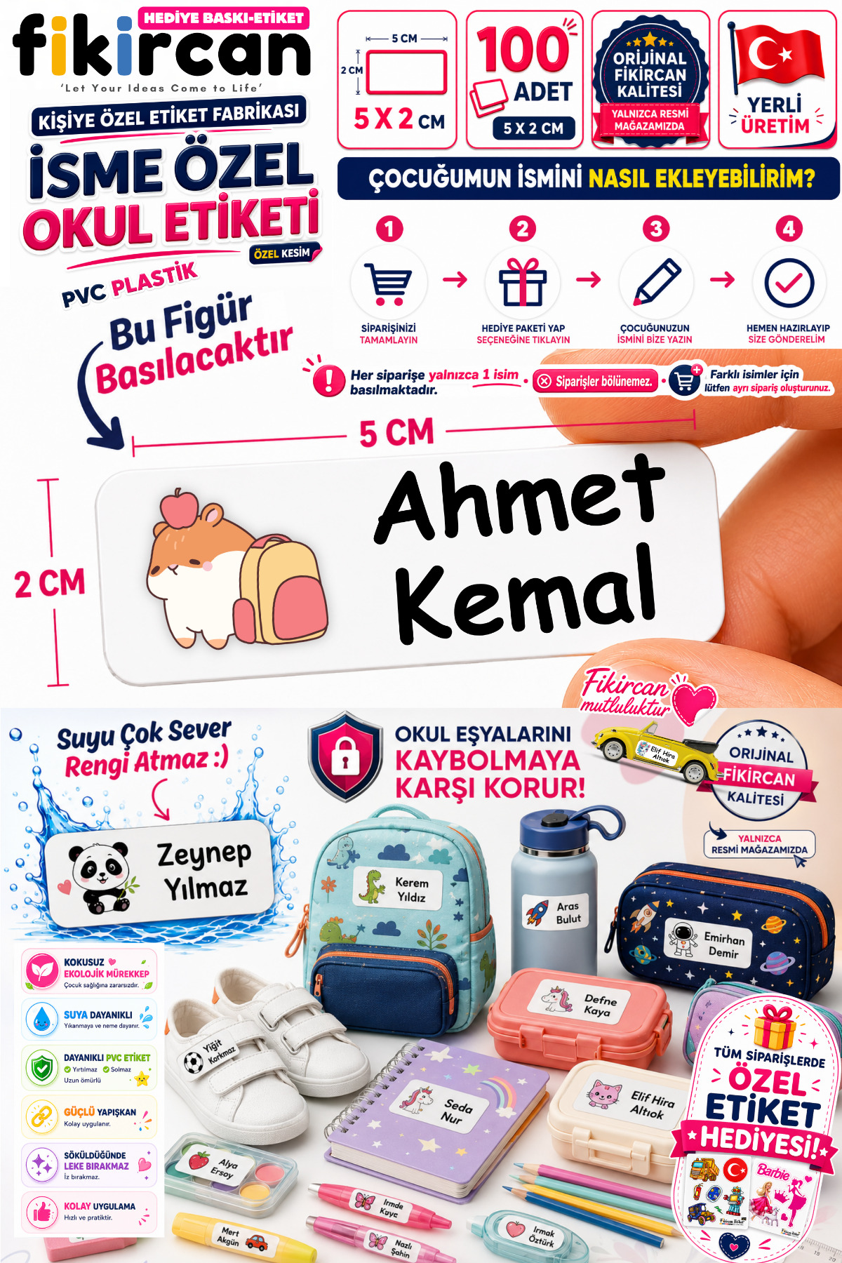 İsme Özel Okul Etiketi - 100 Adet - 5 x 2 cm - PVC Etiket - FİGÜR 59