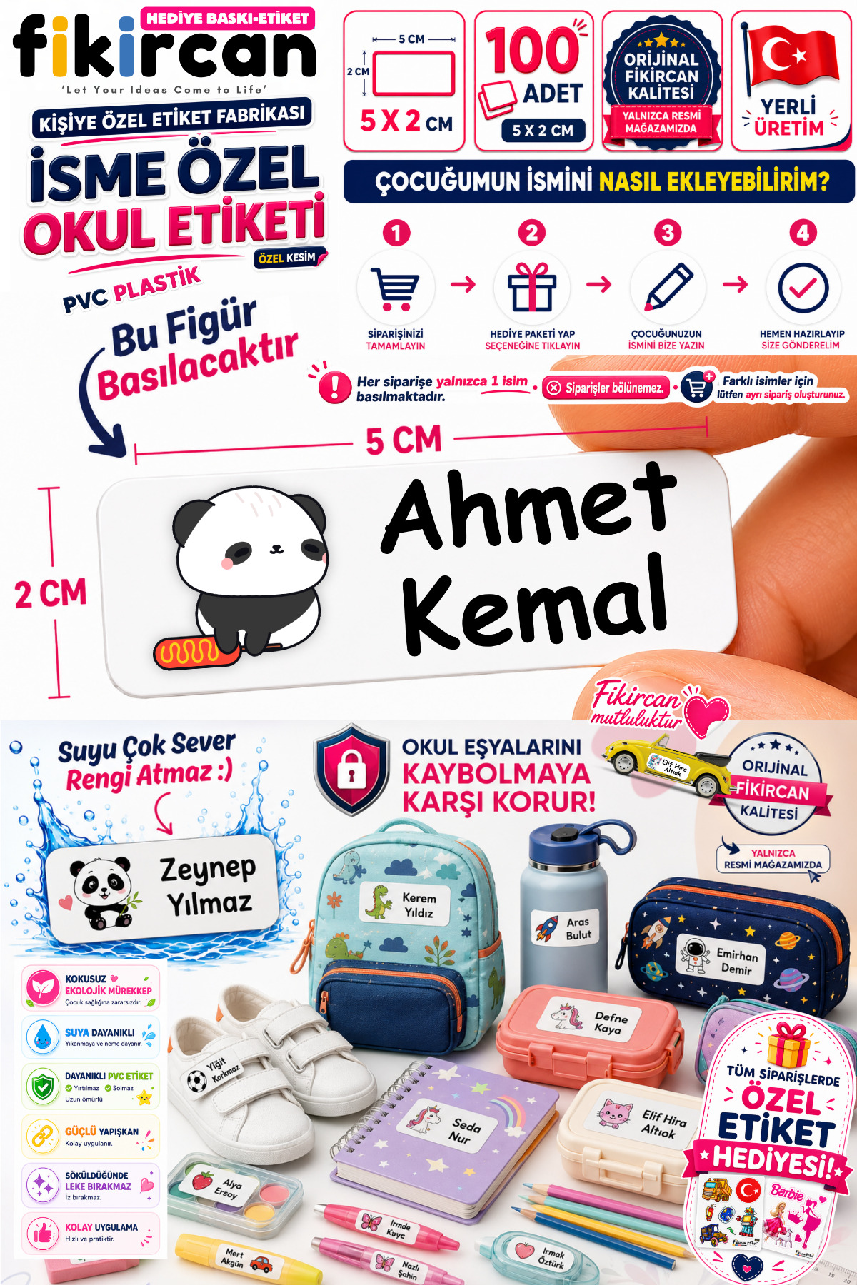 İsme Özel Okul Etiketi - 100 Adet - 5 x 2 cm - PVC Etiket - FİGÜR 54
