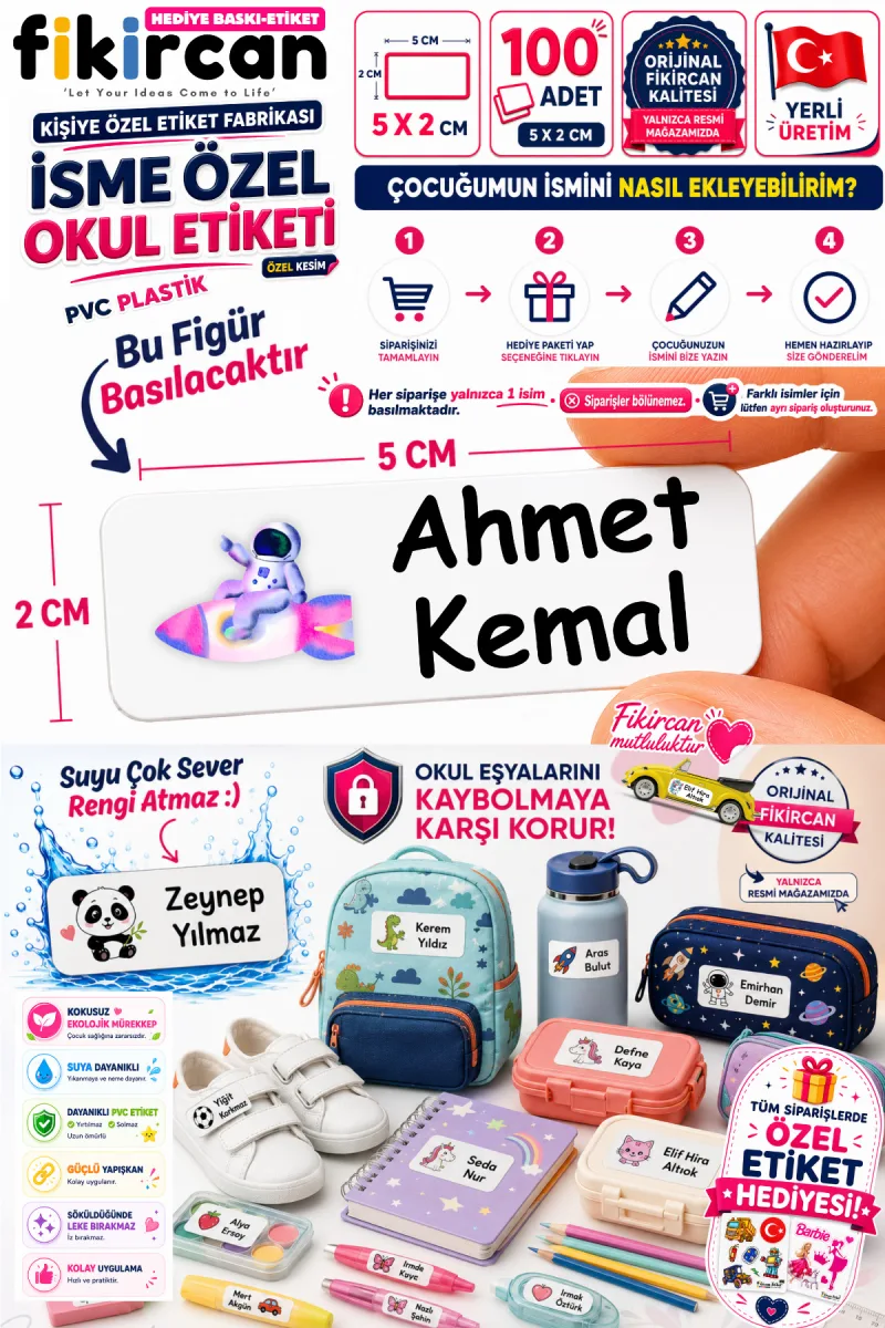İsme Özel Okul Etiketi - 100 Adet - 5 x 2 cm - PVC Etiket - FİGÜR 9