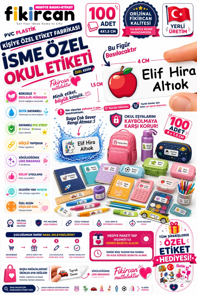 İsme Özel Okul Etiketi - 100 Adet - 1.5 x 4 cm - PVC Etiket - FİGÜR 110