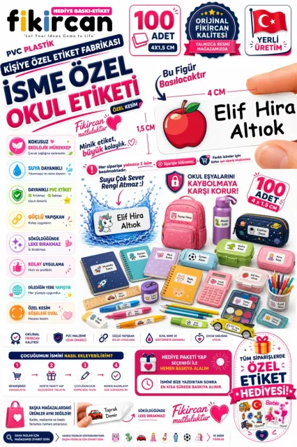 İsme Özel Okul Etiketi - 100 Adet - 1.5 x 4 cm - PVC Etiket - FİGÜR 110