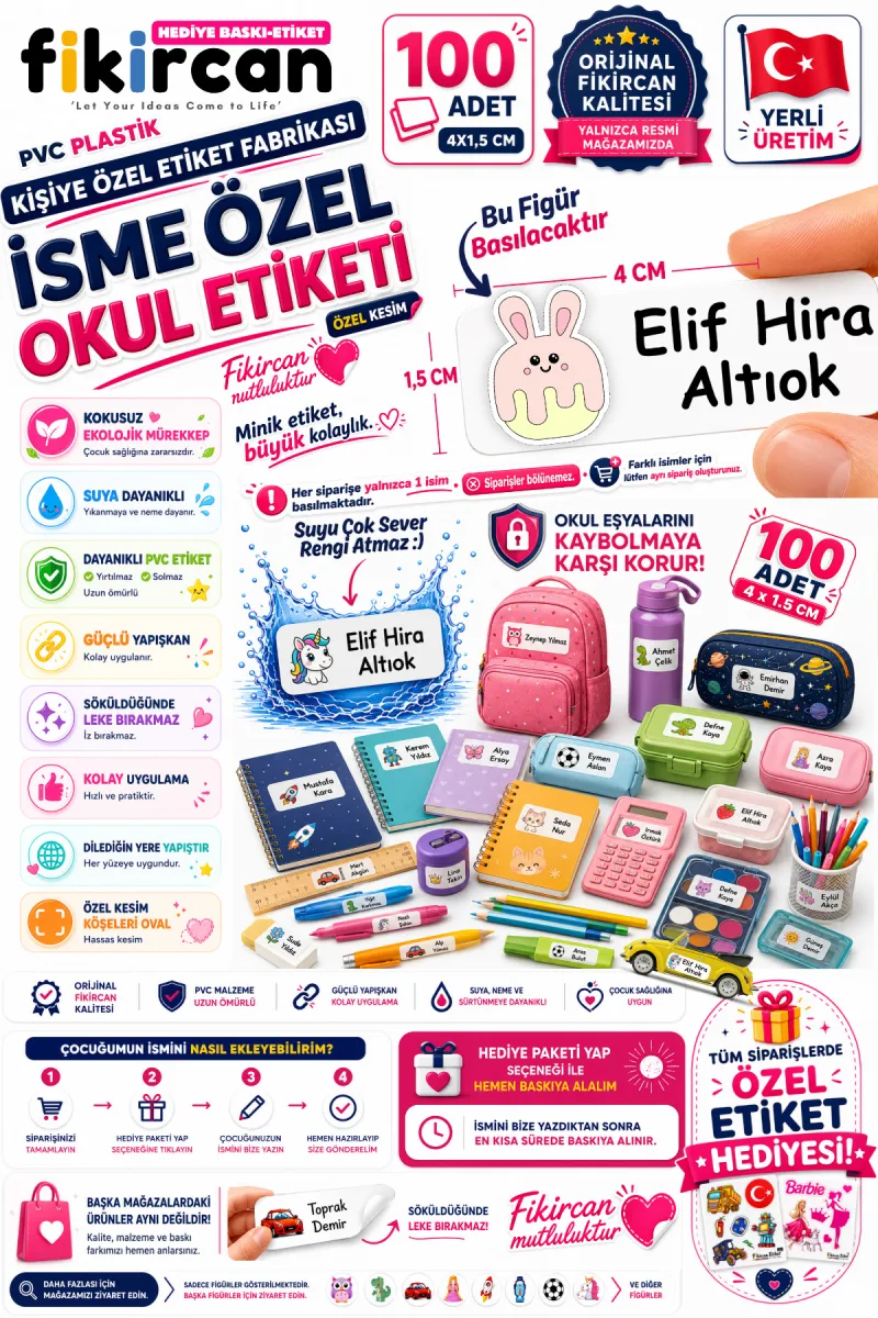 İsme Özel Okul Etiketi - 100 Adet - 1.5 x 4 cm - PVC Etiket - FİGÜR 14 — fotoğraf 1
