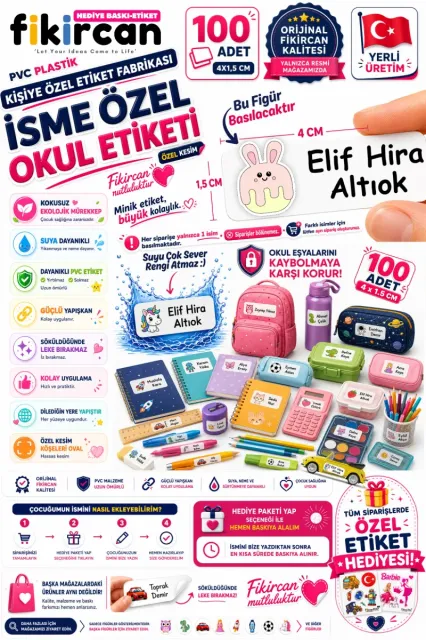 İsme Özel Okul Etiketi - 100 Adet - 1.5 x 4 cm - PVC Etiket - FİGÜR 14