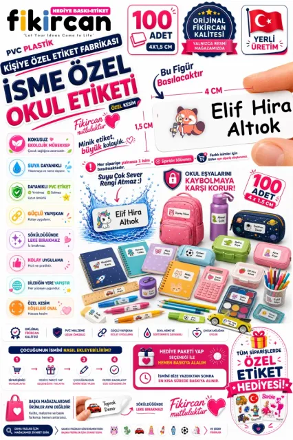 İsme Özel Okul Etiketi - 100 Adet - 1.5 x 4 cm - PVC Etiket - FİGÜR 62