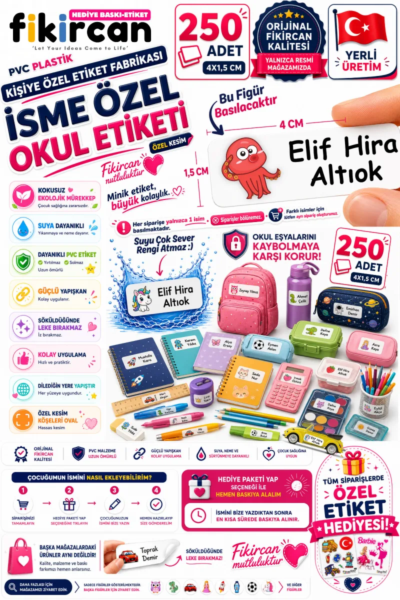 İsme Özel Okul Etiketi - 250 Adet - 1.5 x 4 cm - PVC Etiket - FİGÜR 121