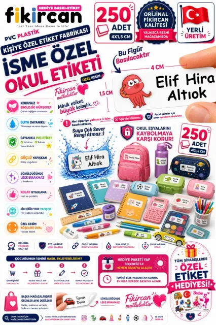 İsme Özel Okul Etiketi - 250 Adet - 1.5 x 4 cm - PVC Etiket - FİGÜR 121