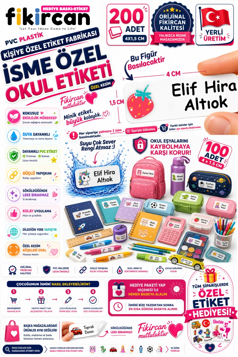 İsme Özel Okul Etiketi - 200 Adet - 1,5 x 4 cm - PVC Etiket - - FİGÜR 31