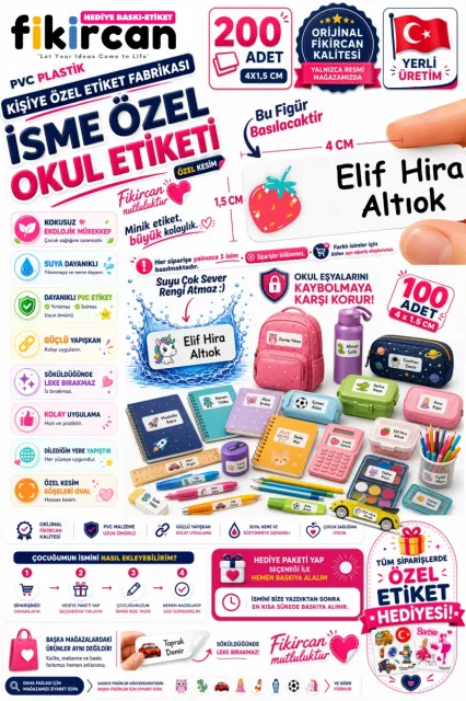 İsme Özel Okul Etiketi - 200 Adet - 1,5 x 4 cm - PVC Etiket - - FİGÜR 31