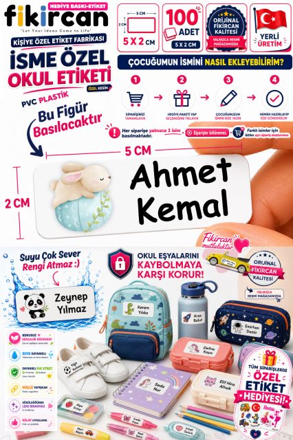 İsme Özel Okul Etiketi - 100 Adet - 5 x 2 cm - PVC Etiket - FİGÜR 130