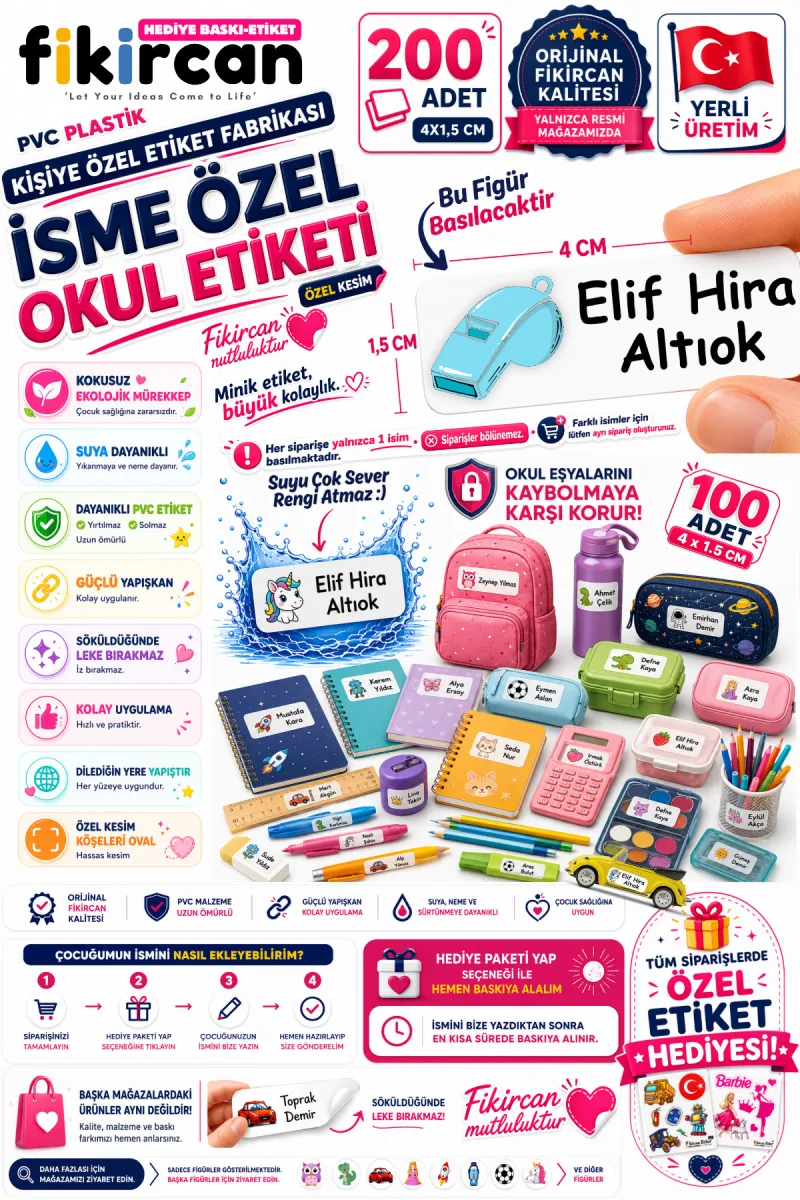 İsme Özel Okul Etiketi - 200 Adet - 1,5 x 4 cm - PVC Etiket - - FİGÜR 99 — fotoğraf 1