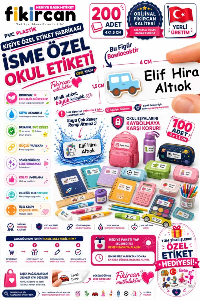 İsme Özel Okul Etiketi - 200 Adet - 1,5 x 4 cm - PVC Etiket - - FİGÜR 127 — fotoğraf 1