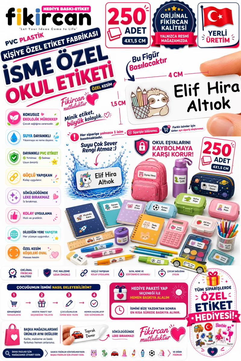 İsme Özel Okul Etiketi - 250 Adet - 1.5 x 4 cm - PVC Etiket - FİGÜR 68