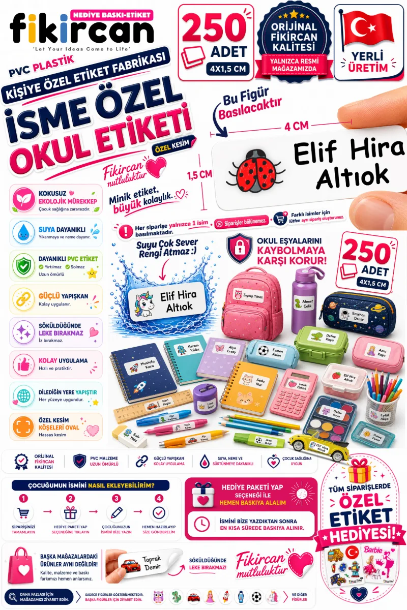İsme Özel Okul Etiketi - 250 Adet - 1.5 x 4 cm - PVC Etiket - FİGÜR 18